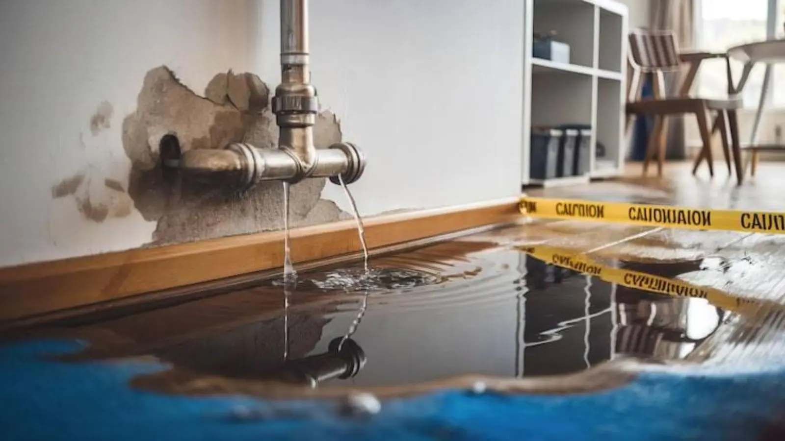 Burst pipe leaking onto a floor with caution tape around the water