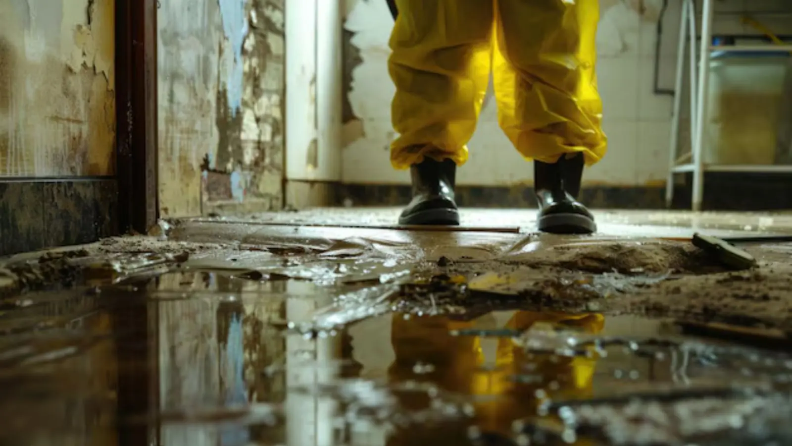 Rubber-booted worker standing in mud and dirty water on a basement floor
