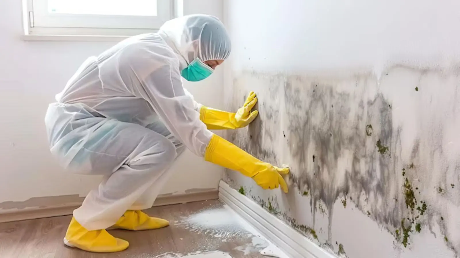 Technician in protective suit, mask and gloves cleaning mold from a wall