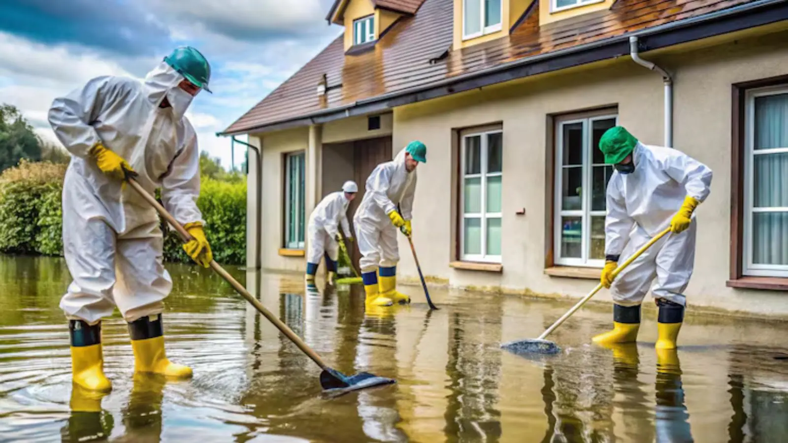 Cleanup crew in protective suits and rubber boots working in a water-damaged house